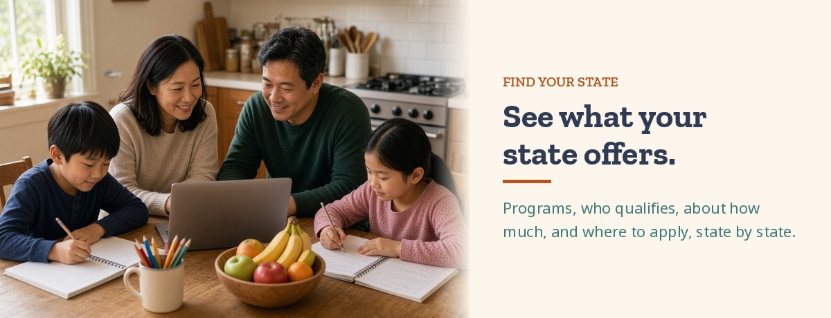 Mom and dad at the kitchen table looking at a laptop while their son and daughter work in spiral-bound workbooks, beside the headline See what your state offers