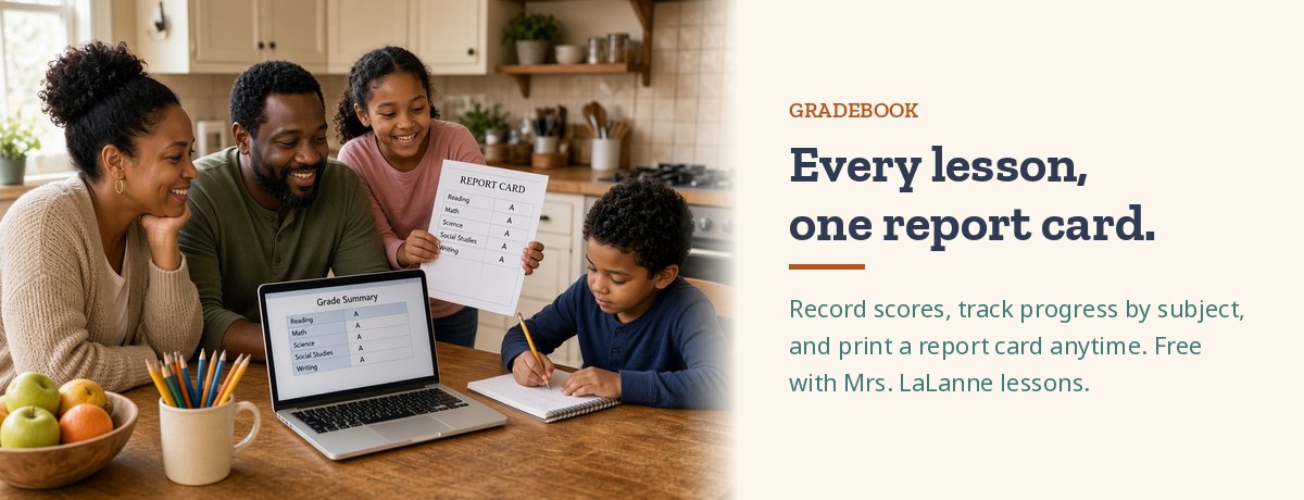 Mom and dad smiling at a grade summary on a laptop at the kitchen table while their daughter holds up a report card and their son works in a spiral-bound workbook, beside the headline Every lesson, one report card