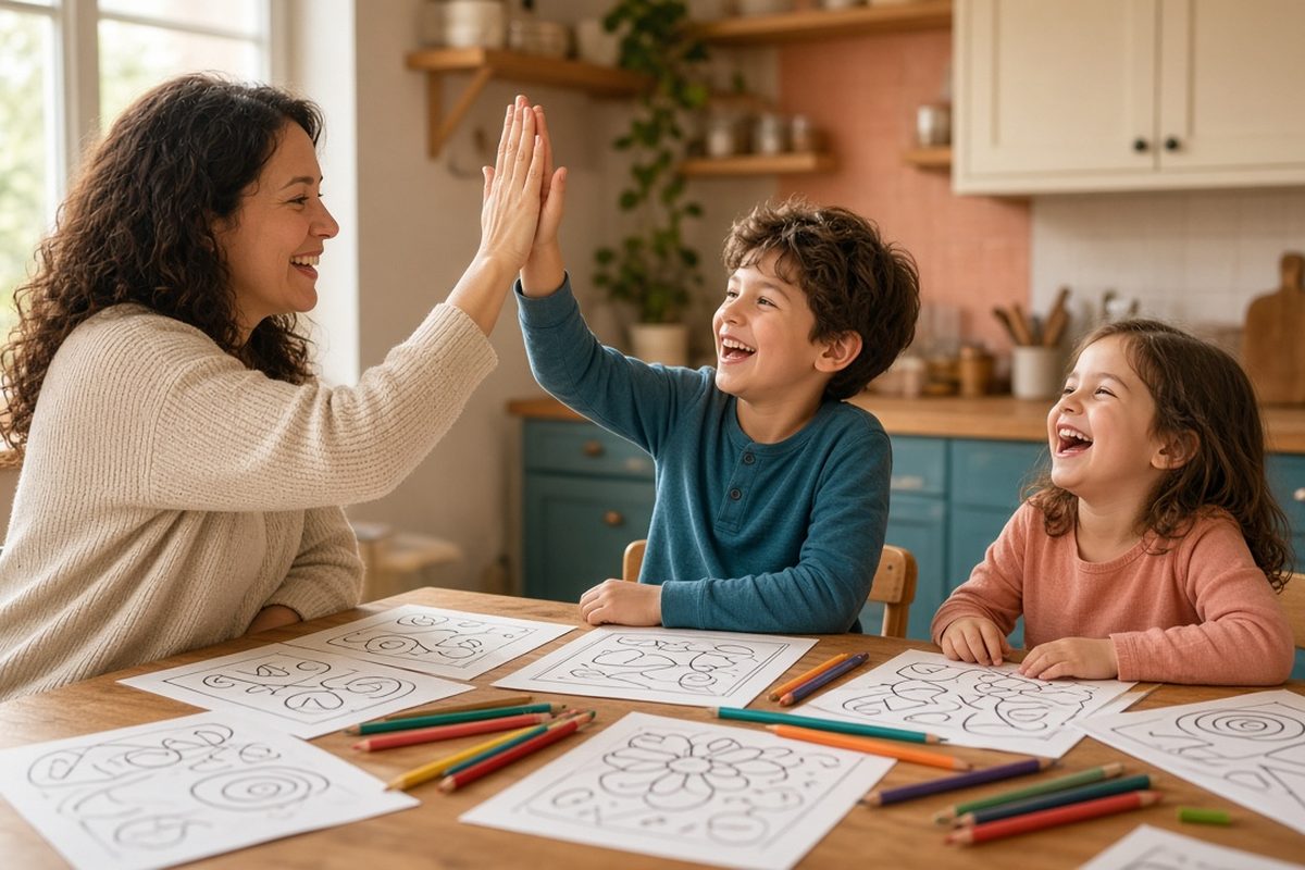 A parent and two kids celebrating a finished lesson with a high five