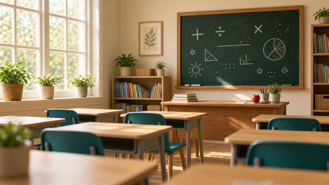 Sunny classroom with wooden desks, bookshelves and a chalkboard