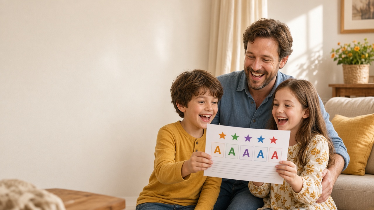 Smiling father and two children holding up a report card covered in A grades