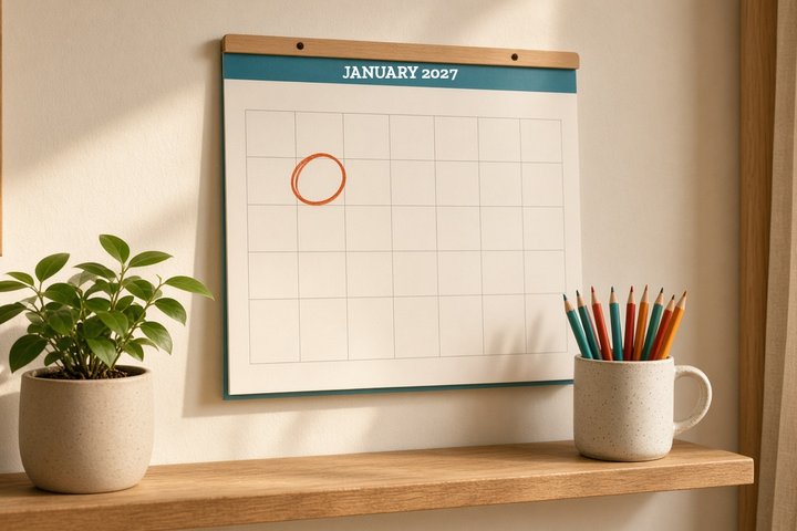 Wall calendar turned to January 2027 with the first day circled