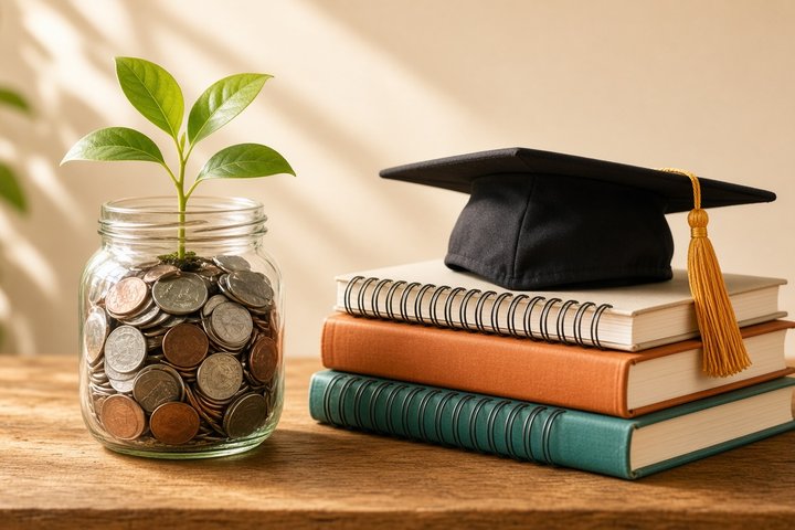 Jar of coins with a sprouting plant beside spiral-bound books and a graduation cap