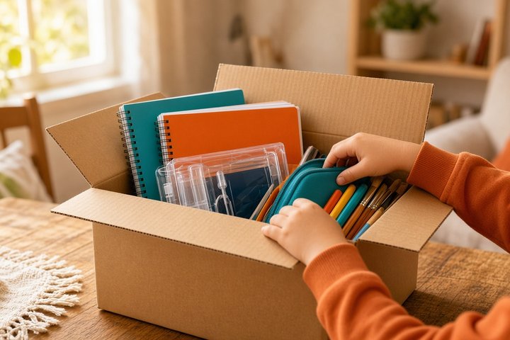Child unpacking a box of school supplies and spiral workbooks