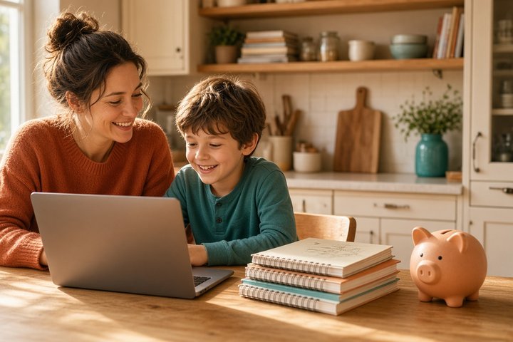 Mother and son browsing homeschool curriculum on a laptop beside spiral workbooks and a piggy bank