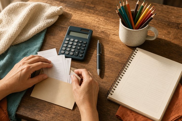 Parent tucking receipts into an envelope next to a calculator and a spiral notebook