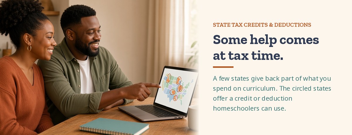 Mom and dad at the kitchen table looking at a laptop with a US map of the states that offer homeschool tax breaks circled, beside the headline Some help comes at tax time